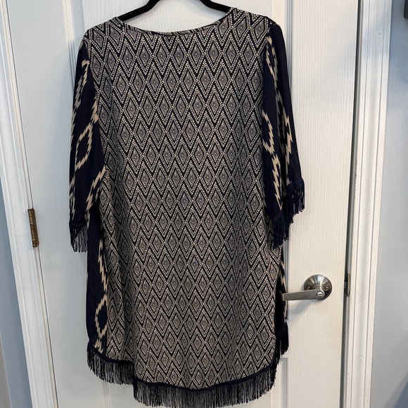 Rue21 Navy and Tan Aztec Patterned Open Cardigan with Fringe - Picture 4 of 5